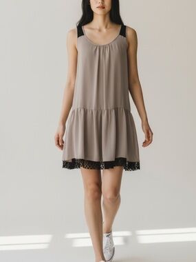 Kensie Tan-Black Tiered Lace Lined Chiffon Mini Dress w/Sequins Size L